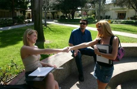 Blonde teen is picked up and taken home for a threesome with a couple