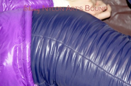 Caucasian girl is left ball gagged and blindfolded while tied up in nylon wear 51022342