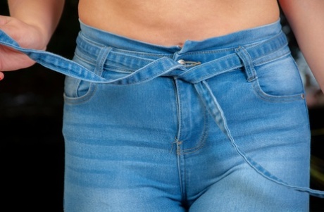 Long haired amateur Kym Graham removes tight jeans after baring her great tits 11363322
