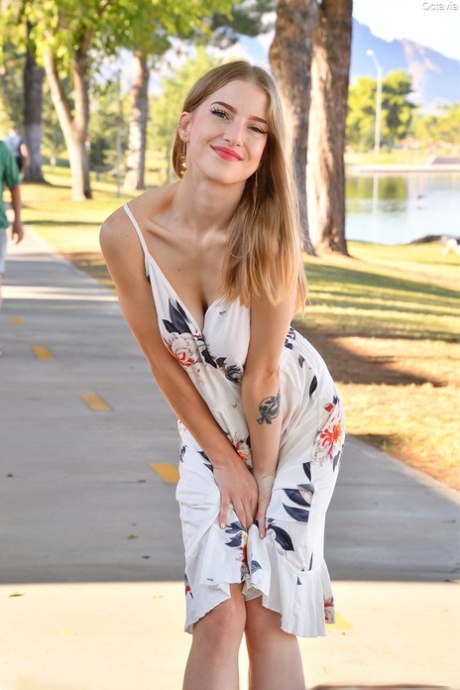 Skinny young girl Octavia gets naked in ankle strap heels while in public