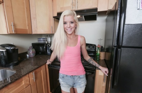 Petite blonde teen Halle Von flashing small tits in the kitchen 56807361
