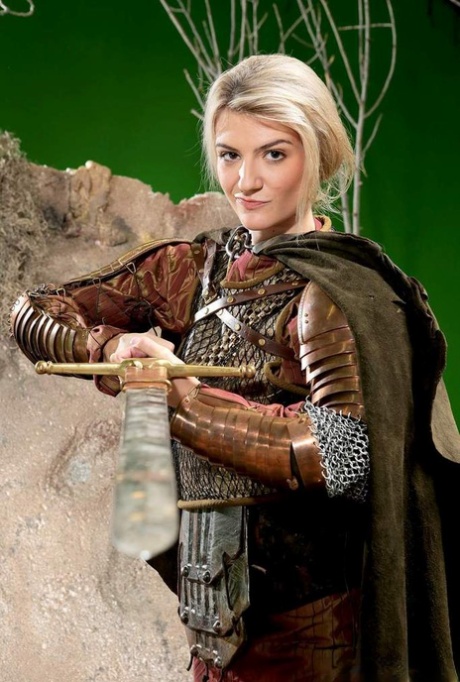 Blonde female Amanda Tate strips off her medieval cosplay outfit 97843467