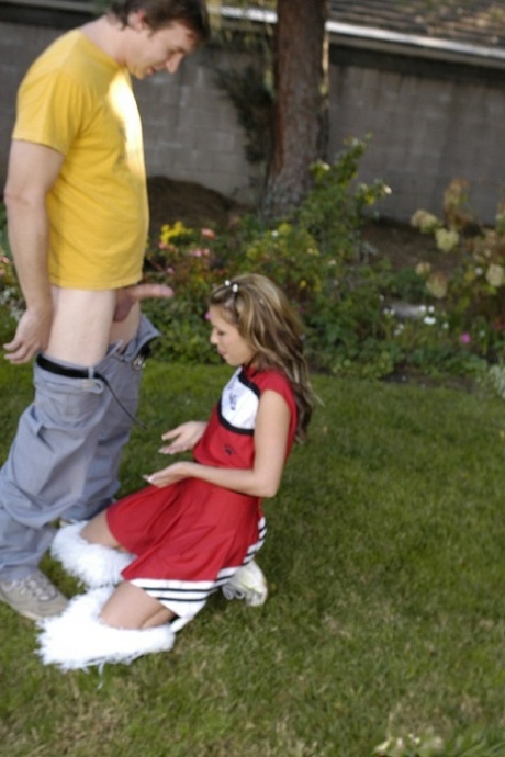Slutty cheerleader gets tricked into blowjob with ball licking outdoor 93390317